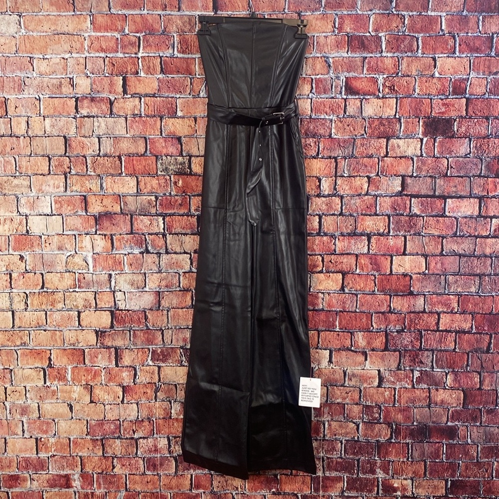 Miss Selfridge faux leather bandeau belted jumpsuit in black